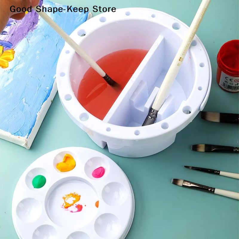 3-in-1 Malpalette mit Deckel, Pinselhalter und Reinigungsbecher für Aquarell- und Ölmalerei in Weiß aus Kunststoff - Bild 2