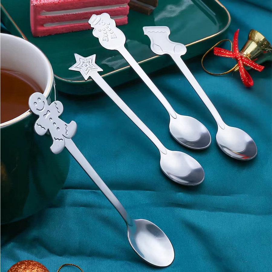 Uniturcky Dessertlöffel Set mit Elch- und Weihnachtsbaum-Motiv, 4 Stück, Gold und Silber, Metall poliert - Bild 4