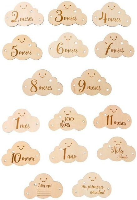 8-teiliges Set Binchi Outdoor Product Holz Baby Meilensteinkarten in Beige mit Wolkenform für Neugeborene als Fotografie Requisiten und Monatskarten - Bild 1
