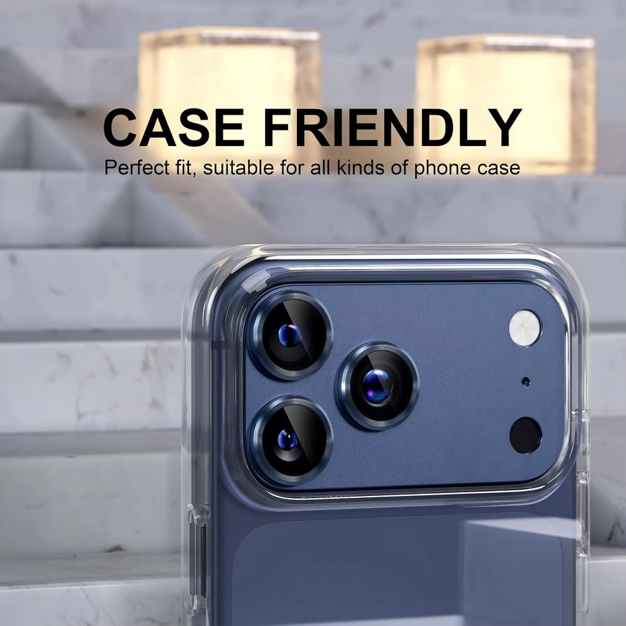 Apple Kameraobjektivschutz für iPhone 17 Pro/Max aus gehärtetem 9H Glas mit Metallrahmen in Blau und Silber - Bild 3