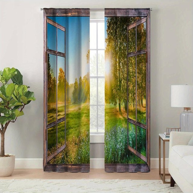 2er-Set moderne Wohnzimmervorhänge mit Hoflandschaftsmuster, halbtransparent, mehrfarbig, B: 100 cm, H: 130 cm - Bild 1