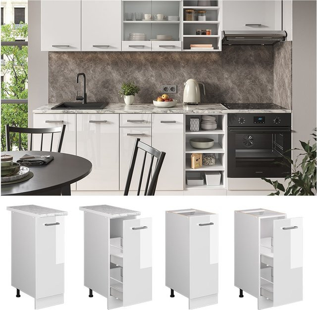 Vicco Apothekerunterschrank R-Line Küchenschrank in Weiß Hochglanz mit Marmor Arbeitsplatte, Breite: 30 cm, Höhe: 81,6 cm, Tiefe: 20,63 cm - Bild 1