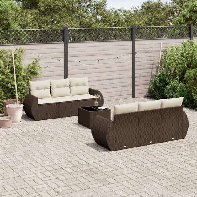 vidaXL 7-tlg. Garten-Sofagarnitur L-Form aus Polyrattan in Braun mit Kissen und Armlehnen - Bild 2