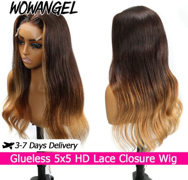 WOWANGEL Perücke, Honigblonde Ombre, gewelltes Echthaar, 5X5 HD Lace Closure - Bild 1