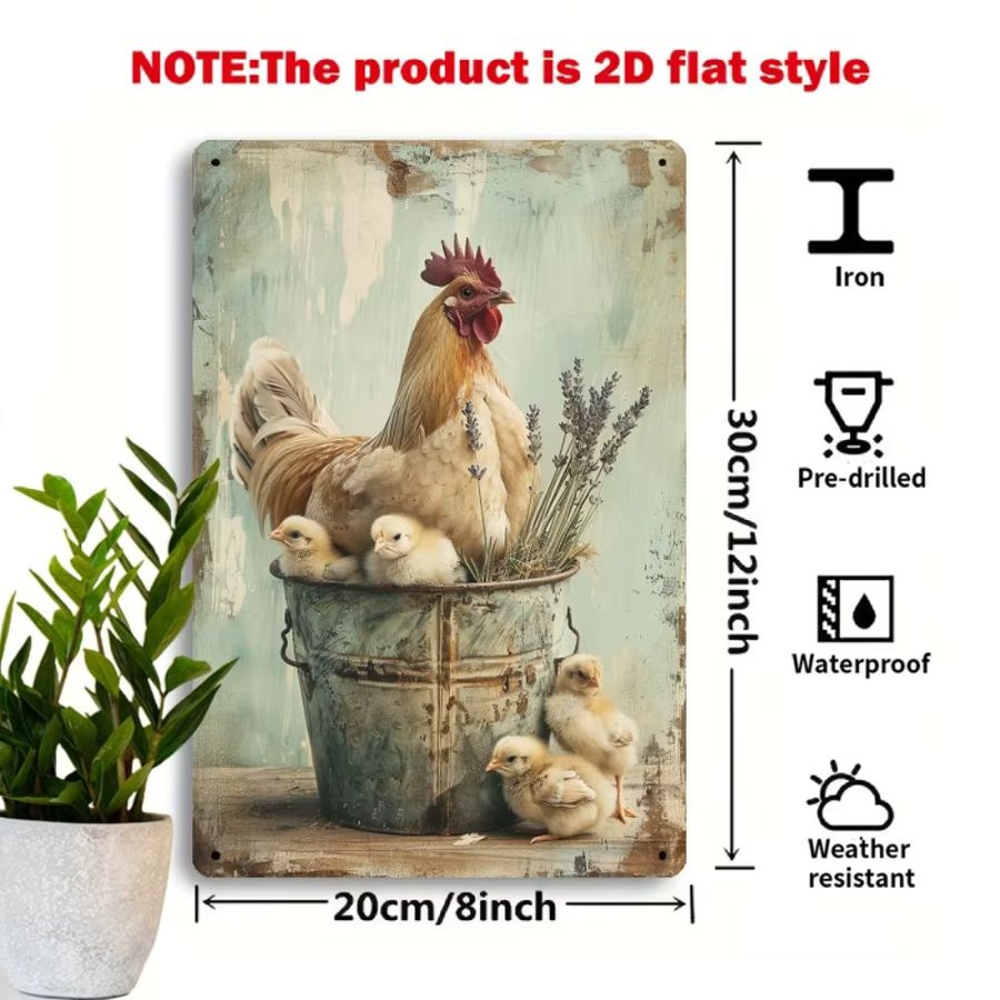 HELLOYOUNG Metallblechschild im Bauernhaus-Stil mit Huhn und Küken, Vintage Eisenkunst für Wanddekoration, B/H: 30,0 x 20,0 cm - Bild 2