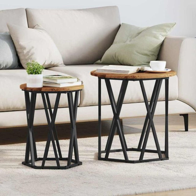 Vidaxl Couchtisch Set aus 2 Stück in Braun im Industrial Landhaus Stil aus Massivholz und Stahl, Rund, B/T/H: 50 x 50 x 50 cm - Bild 1