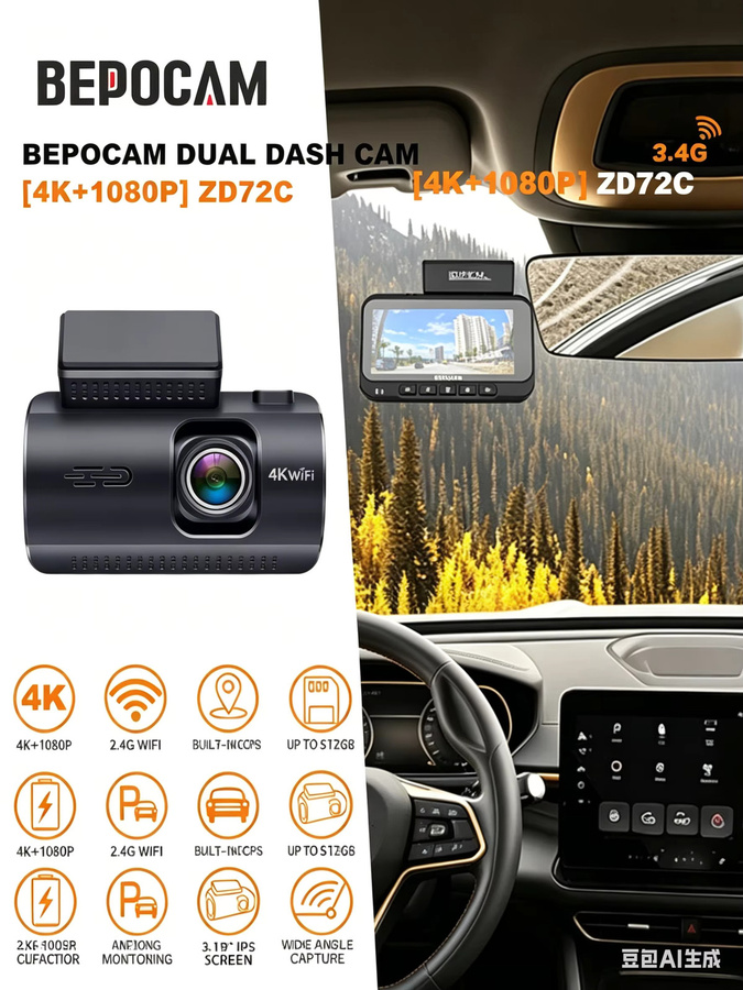 BEPOCAM 4K Dash Cam mit WiFi und GPS, schwarze Auto Dashcam mit 3,19 Zoll IPS Bildschirm, Nachtsicht und 24H Parkmodus DVR Video Recorder - Bild 6