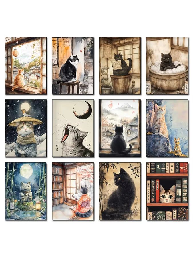 Potdemiel Retro Leinwandgemälde Japanische schwarze Katze mit Mond als Wandkunst zur Heimdekoration - Bild 4