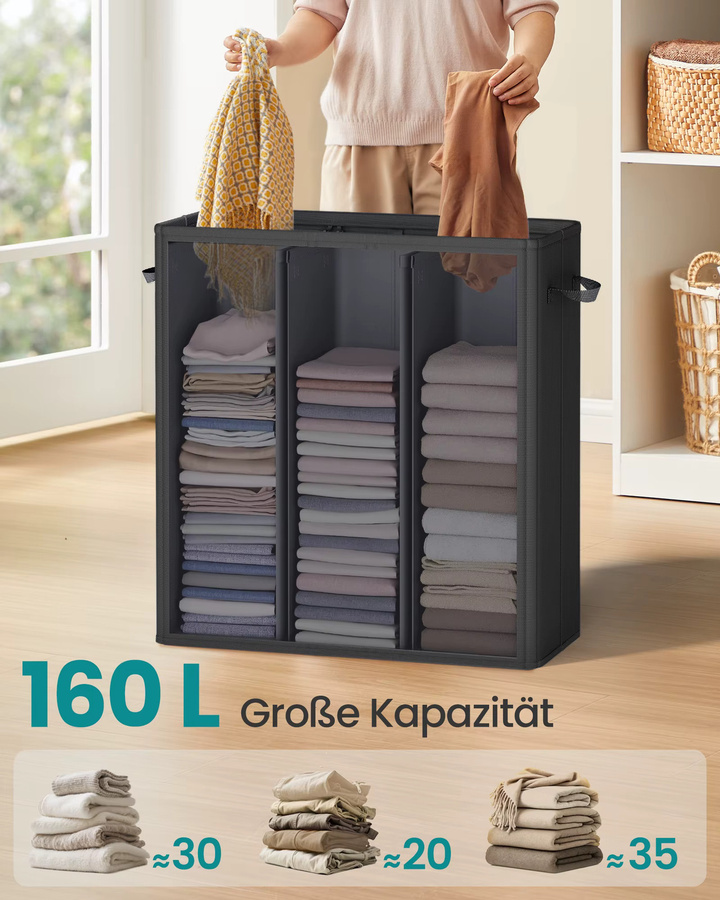 SONGMICS Wäschekorb mit 3 Fächern und Deckel in Schwarz, 160 L, mit herausnehmbaren und waschbaren Innensäcken und 5 Etiketten - Bild 2