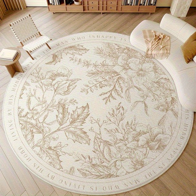 VIKAMA Runder Wohnzimmerteppich in Cremefarben, Weicher Waschbarer Blumen-Schlafzimmerteppich mit Florales Design - Bild 1