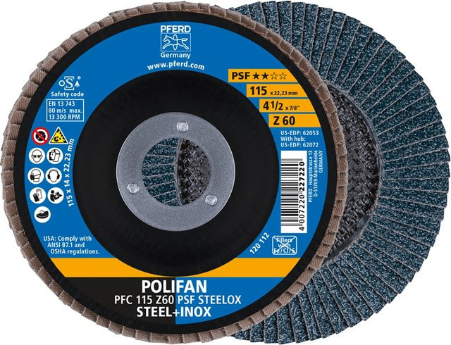 PFERD Polifan PSF PFC Steelox Fächerscheibe für Metall, Blau, Durchmesser: 115 mm, Breite: 60 mm - Bild 1