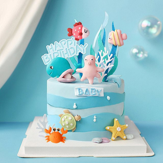 Alivparty Kuchen Topper Set mit Oktopus, Schildkröten und Fischen für Meerjungfrau-Themen, Geburtstag und Baby Shower Dekoration - Bild 1