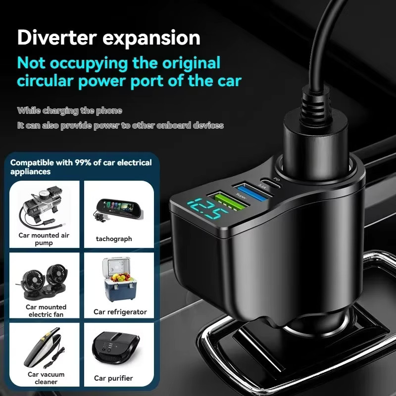 Digitales 66W Autoladegerät mit Dual-USB-Anschluss und Zigarettenanzünder-Konverter in Schwarz - Bild 4
