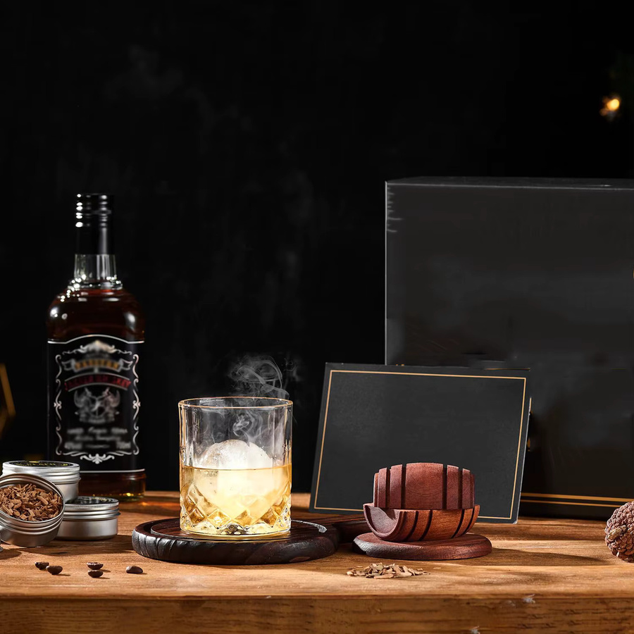 Untior Cocktail-Fass-Räucher-Set aus Holz in Braun mit 4 Geschmacksrichtungen und Holzspänen für Whisky und Cocktails - Bild 2