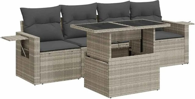 vidaXL 5-teilige Garten-Sofagarnitur aus Poly Rattan in Hellgrau mit Kissen und Couchtisch - Bild 1