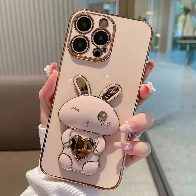 Apple iPhone Schutzhülle mit galvanisiertem Kaninchen-Design in Pink für iPhone 11 bis iPhone 16 Pro Max - Bild 1