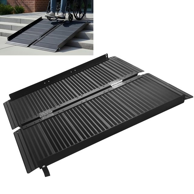 HiMISS Tragbare Rollstuhlrampe aus Aluminium mit Griff in Schwarz, Rutschfeste Klapprampe als Schwellenrampe für Zuhause - Bild 1