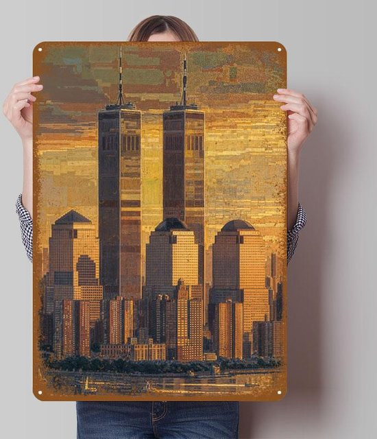 ZX ART Metallschild New York Stadtsilhouette Zwillingstürme Manhattan Gold B/H: 20 x 30 cm - Bild 1