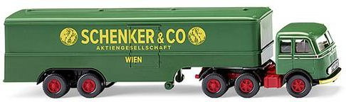 Wiking H0 Modell LKW Mercedes-Benz LPS 333 Koffersattelzug Schenker in den Farben Laubgrün, Purpurrot, Perlweiß, Rot und Gelb