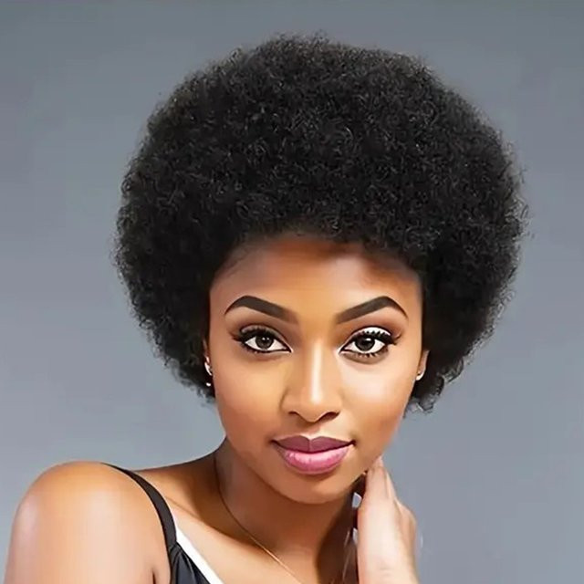 IQearl Echthaarperücke Pixie-Cut, Afro Kinky Curly, Brasilianisches Haar, Schwarz, Damen - Bild 1