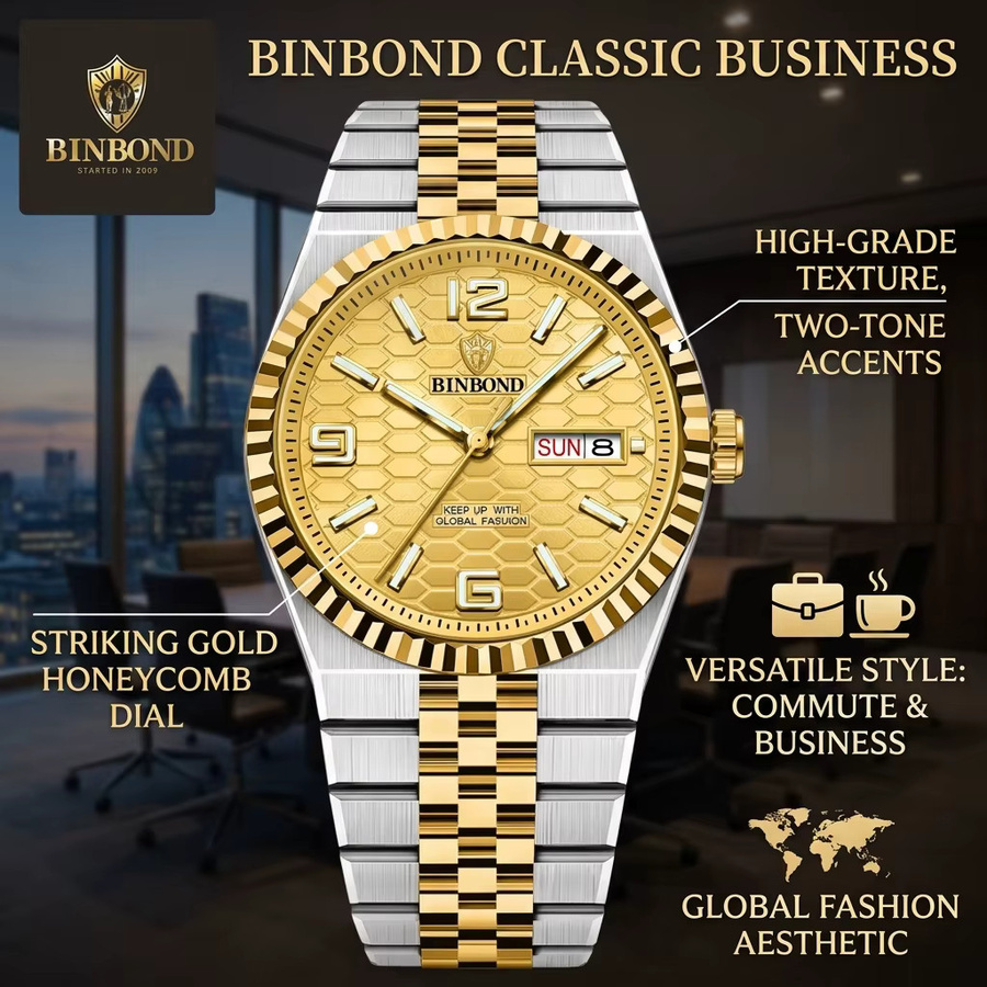BINBOND Armbanduhr, Quarz, Edelstahl, Gold, Silber, Unisex - Bild 5