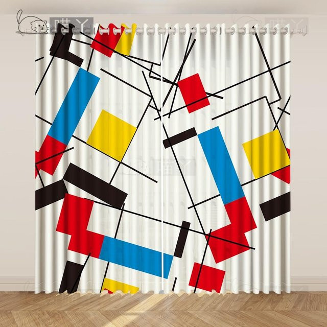 Yiran Furniture Semi Blackout Vorhang Mondrian Geometrisches Patchwork Design in Rot Gelb Blau, B/T/H: 100 x 50 x 200 cm - Bild 1
