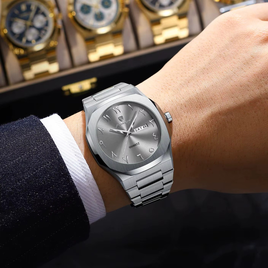 POEDAGAR Armbanduhr, Quarz, Edelstahl, Silber, Herren, Wochentag, Datum - Bild 6