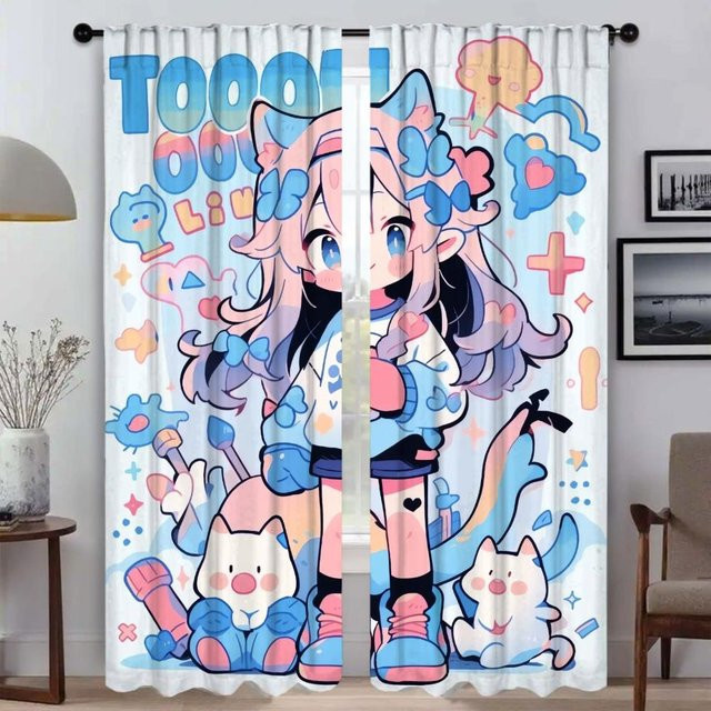 Regenbogen Marshmallow Katze Tüllvorhang für Kinder, 2er-Set, Mehrfarbig, Breite: 60 cm, Höhe: 90 cm - Bild 1