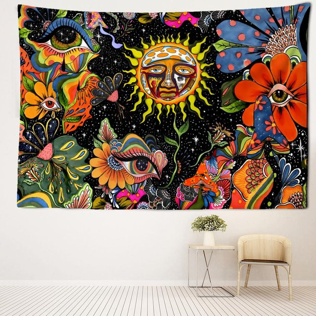 Abstrakter Wandteppich mit Pilz- und Sonnenmotiv in Rot und Multicolour von Super Six, B/H: 95 x 70 cm - Bild 1