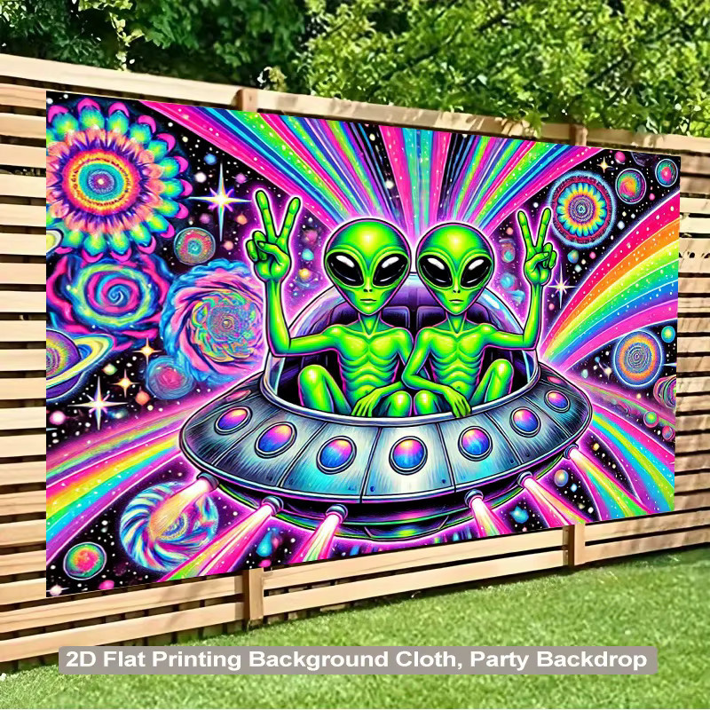 VIKAMA Alien UFO Wandteppich mit psychedelischem Regenbogen-Design in Multicolour als dekorativer Party-Hintergrund und Wandakzent für dein Wohnzimmer - Bild 3