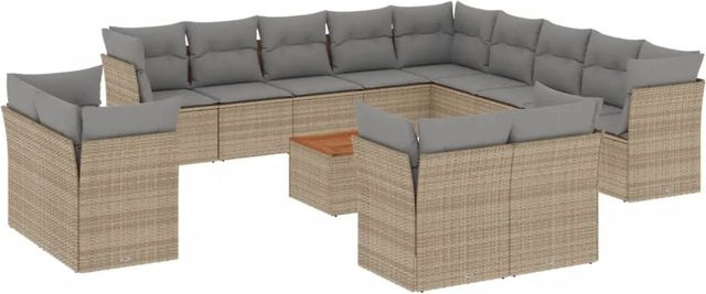 vidaXL 14-teilige Garten-Sofagarnitur in U-Form aus Polyrattan und Akazienholz mit Kissen in Beige - Bild 1