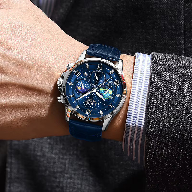 LIGE Armbanduhr Quarz, Mondphase, Leder, Blau, Herren - Bild 4