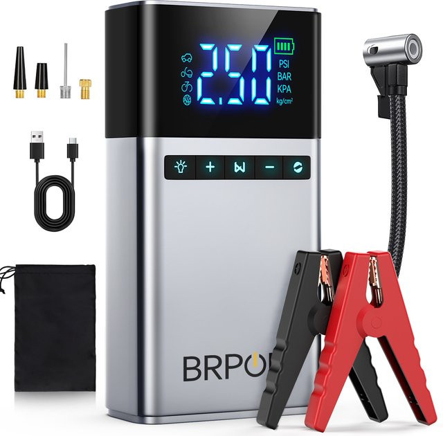BRPOM Tragbarer Auto-Starter mit 26800mAh Akku, 6000A Starthilfe und 180 PSI Luftkompressor für 12V Autobatterien - Bild 1