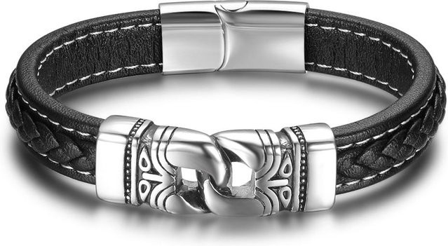 Armband Edelstahl, Leder, Schwarz, 220mm, Herren, Vintage - Bild 1