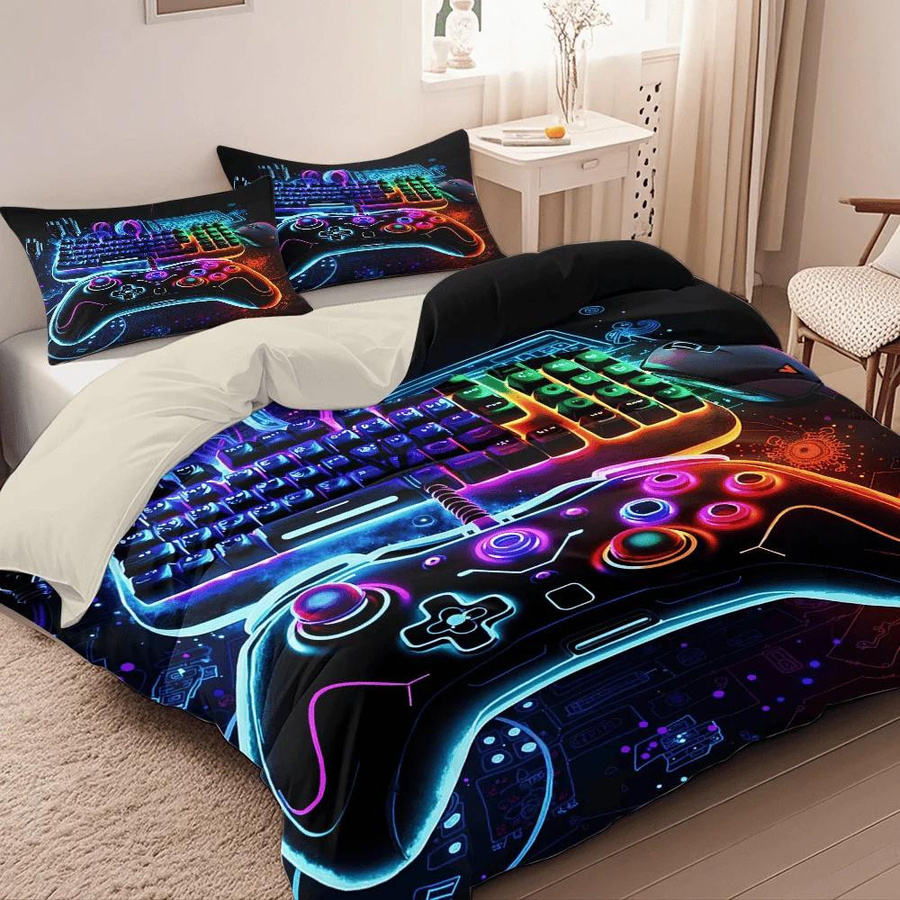 3-teiliges Quilt-Set Practical Home Decor mit Neon Game Controller Print in Multicolour, bestehend aus 1 Bettbezug und 2 Kissenbezügen, B/H: 135 x 200 cm - Bild 2