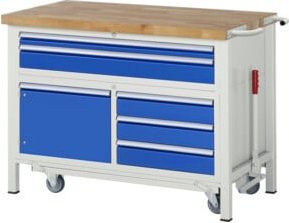 Rau Werkbank Serie 8922 mit absenkbarem Fahrgestell, 5 Schubladen und 1 Fachboden mit Tür, B/T/H: 1250 x 700 x 880 cm - Bild 1