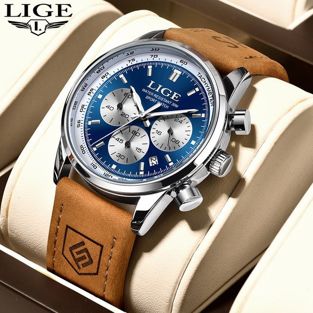 LIGE Armbanduhr Chronograph, Quarz, Leder, Schwarz, Herren - Bild 1