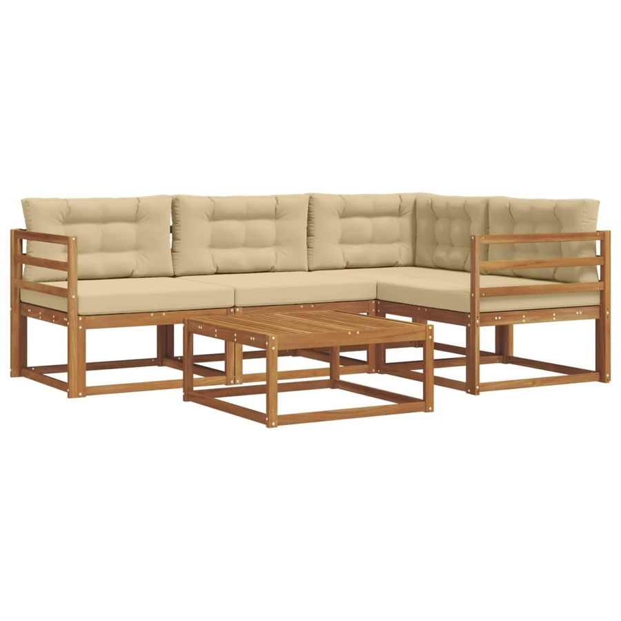 vidaXL Outdoor-Sofagarnitur aus Akazienholz in L-Form mit Kissen, 5-tlg, Natur und Beige - Bild 2