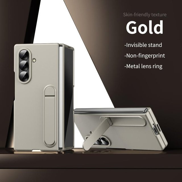 Samsung Galaxy Z Fold 7 Hülle in Gold mit mattem PC-Ständer und Metall-Linsenschutz - Bild 1