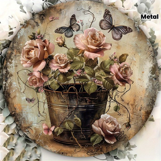Potdemiel Vintage Blumen Metall-Wandkunst, quadratisches Aluminiumschild in Mehrfarbig, B/T/H: 20,3 x 20,3 x 0,1 cm - Bild 1