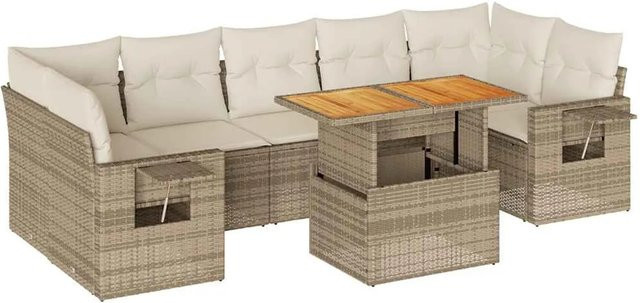vidaXL 8-tlg. Garten-Sofagarnitur in L-Form aus Poly-Rattan und Akazienholz in Beige-Creme mit Kissen - Bild 1