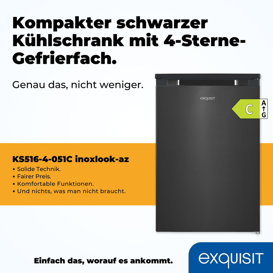 Exquisit KS516-4-051C Kühlschrank in Inoxlook mit silberner und schwarzer Optik, Standgerät mit reversiblem Türanschlag und LED-Innenbeleuchtung - Bild 3