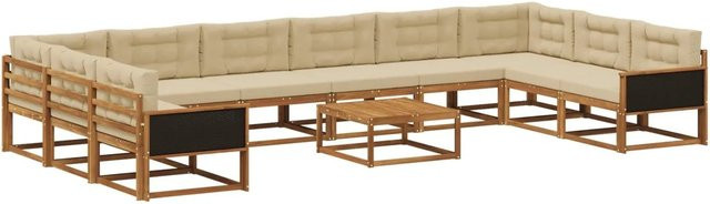 vidaXL Outdoor-Sofagarnitur in U-Form aus massivem Akazienholz mit 11-teiligem Set, Farbe Natur-Beige - Bild 1