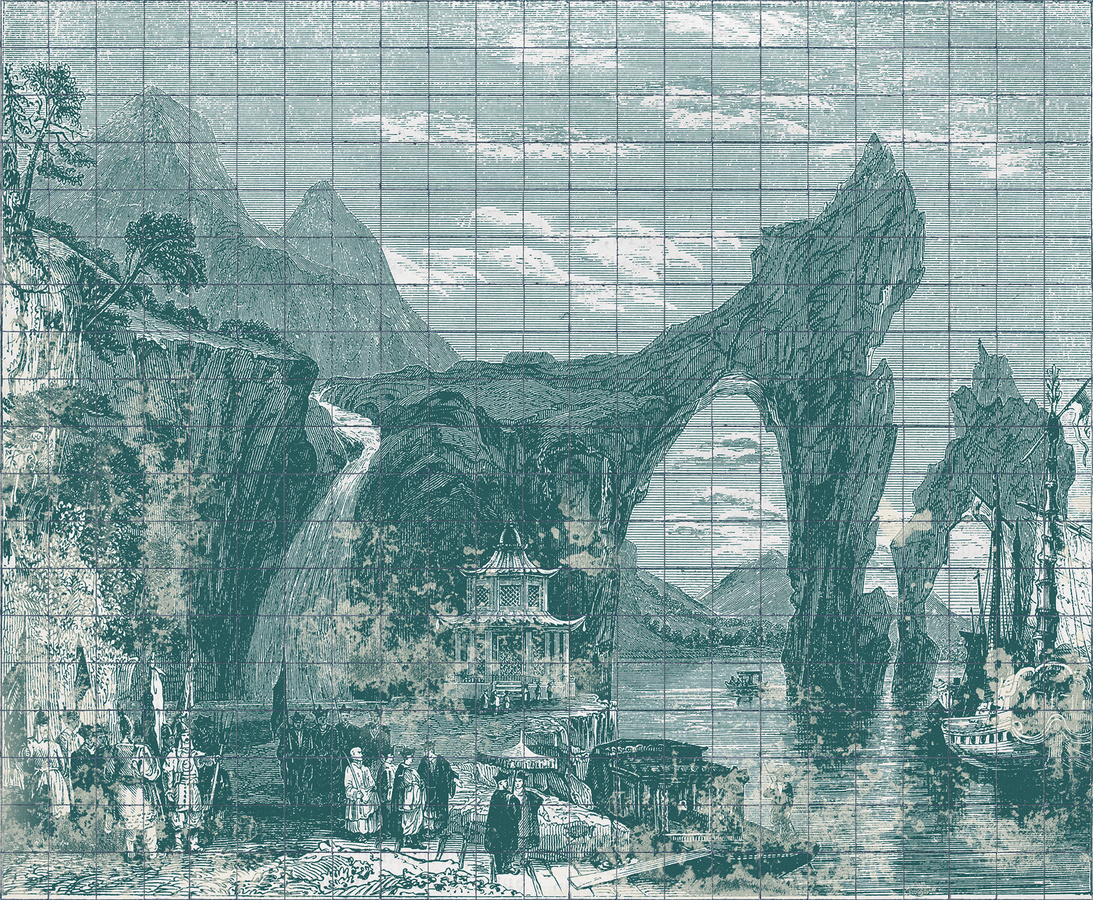 Coordonné Panoramische Tapete Illustration Tiles in Emerald Green mit geometrischem Vintage-Design aus Vlies - Bild 1