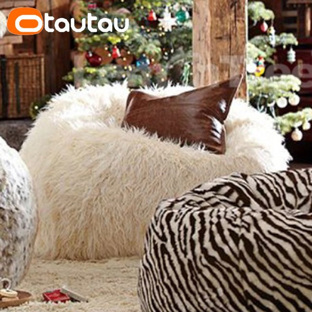 Otautau Sitzsack Bezug als Hocker oder Ottomane in Beige mit Fell, Leder oder Fleece-Optik ohne Füllung - Bild 1