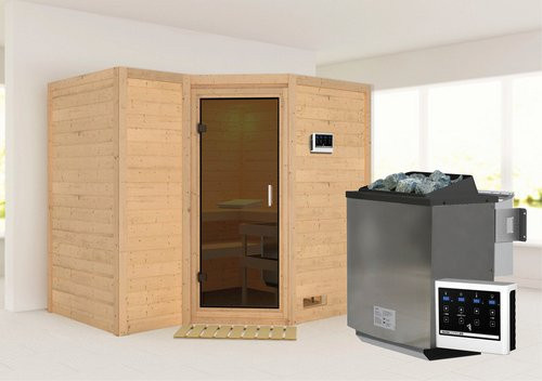 Karibu Bio-Kombi-Sauna Riga 2 aus Fichtenholz für 4 Personen inklusive 9 kW Saunaofen mit externer Steuerung, beige - Bild 1