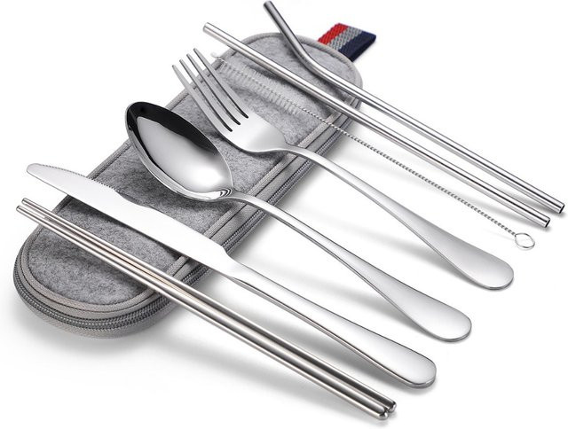 FEB.WIND 8-teiliges Reisebesteck-Set aus Edelstahl in Silber, inklusive Messer, Gabel, Löffel, Stäbchen, Reinigungsbürste und Strohhalm für Camping und Picknick - Bild 1