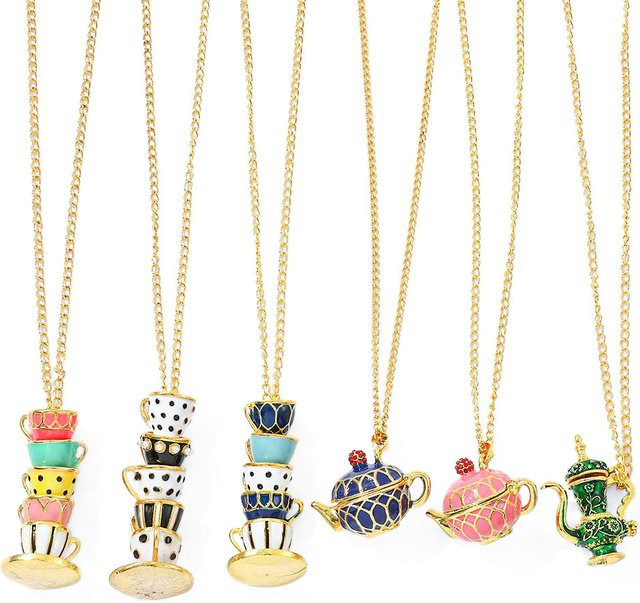 TAKARA TOMY Halskette Emaille, Teetassen-, Weinglas- und Teekanne-Anhänger, Gold, Messing, Damen - Bild 1
