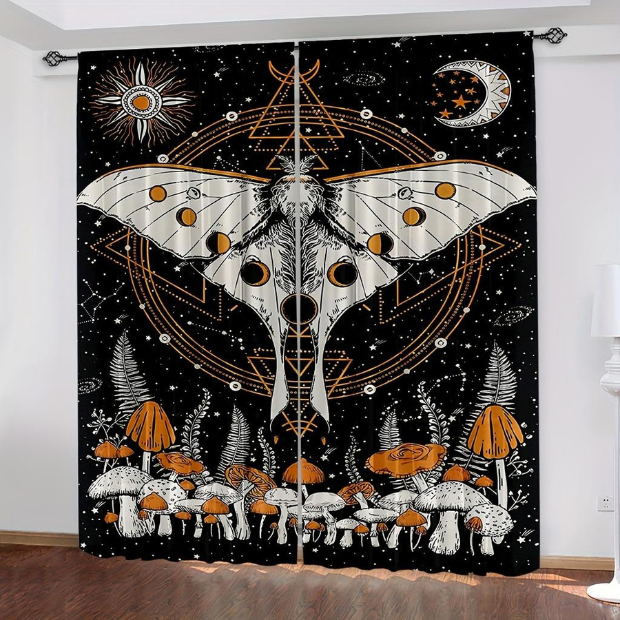 2er-Set Sonne und Mond Fenstergardinen in Gelb und Multicolour, semi-transparente Astrologie-Fensterdekoration mit Mondphasen-Motiv für Schlafzimmer, Breite: 210 cm, Höhe: 230 cm - Bild 3
