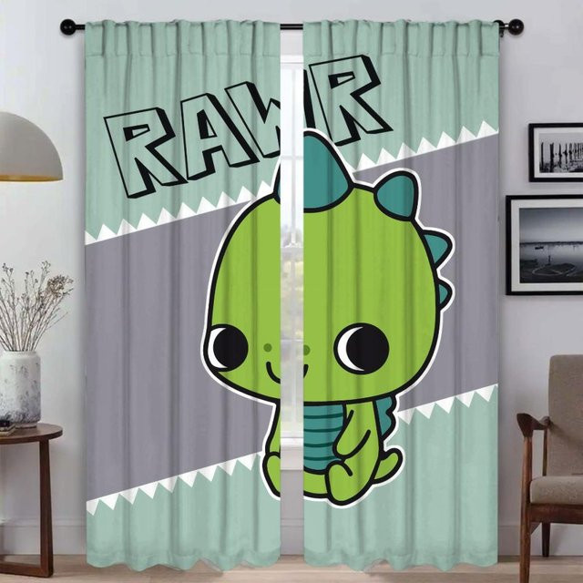 2er-Set Halloween Dinosaurier Vorhänge für dein Zuhause, moderne halbtransparente Raumteiler mit Tier-Motiv, Farbe: Grün, Breite: 50 cm, Höhe: 70 cm - Bild 1